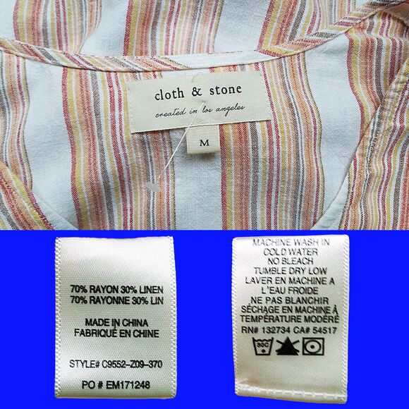 CLOTH & STONE NEW Linen Stripe V-Neck Tie Cuff Sleeve Crop Top M - Picture 5 of 12